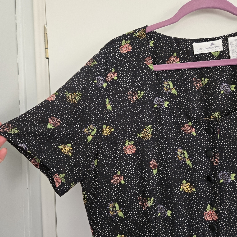 Vintage Liz Claiborne Floral Black Maxi Dress 16 Pleated